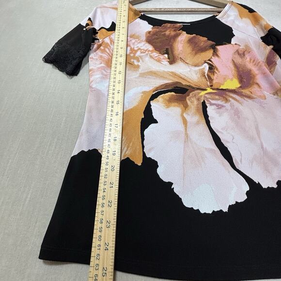 Bisou Bisou Black Pink Watercolor Floral Top Short Sleeve Lace Detail Artsy XL - Picture 7 of 8